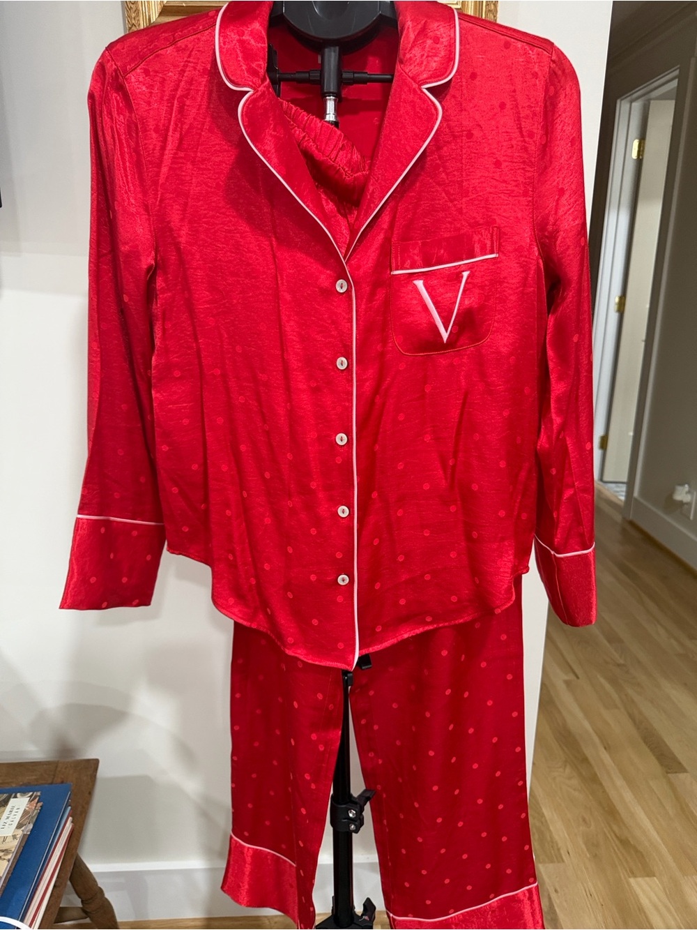 Victoria's Secret Red Satin Pajama with White Side Trim
